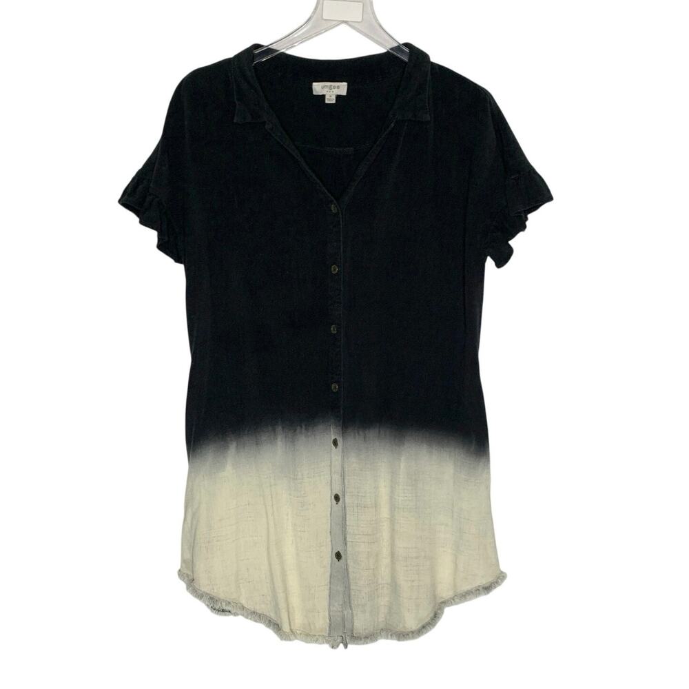 Umgee Mila Linen Blend Bleach Dip Dye Button Down Shirt M Black Raw Hem